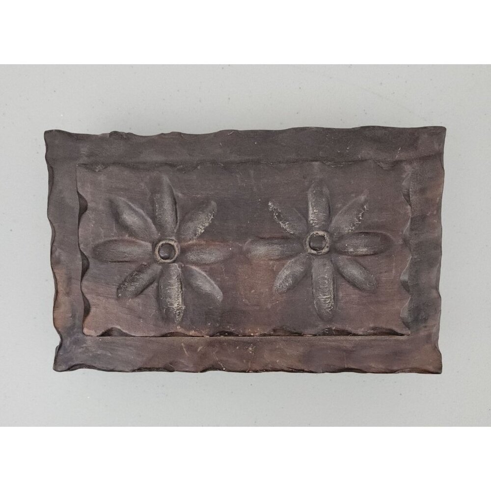 Trinket Box Vintage Wood Floral Carved Brown 9 x 6